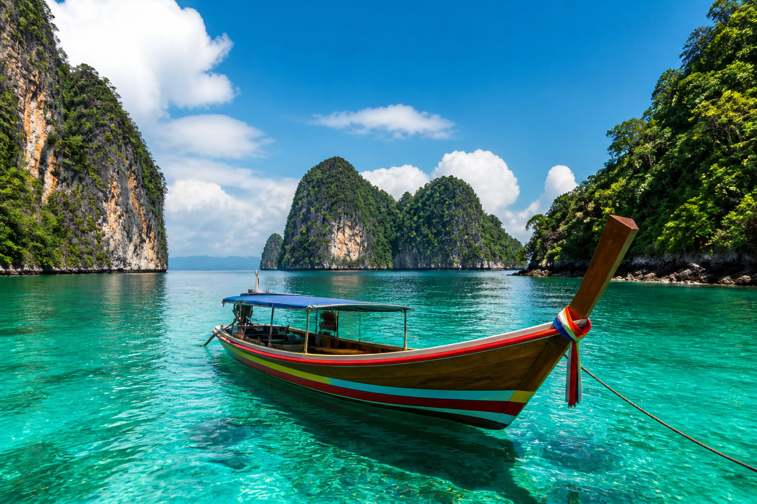 Thai long-tail boat on turquoise water in Phang Nga Bay