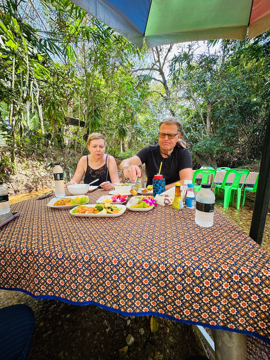 Guests dining by a jungle stream